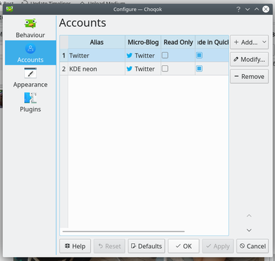 choqoK Accounts configuration page